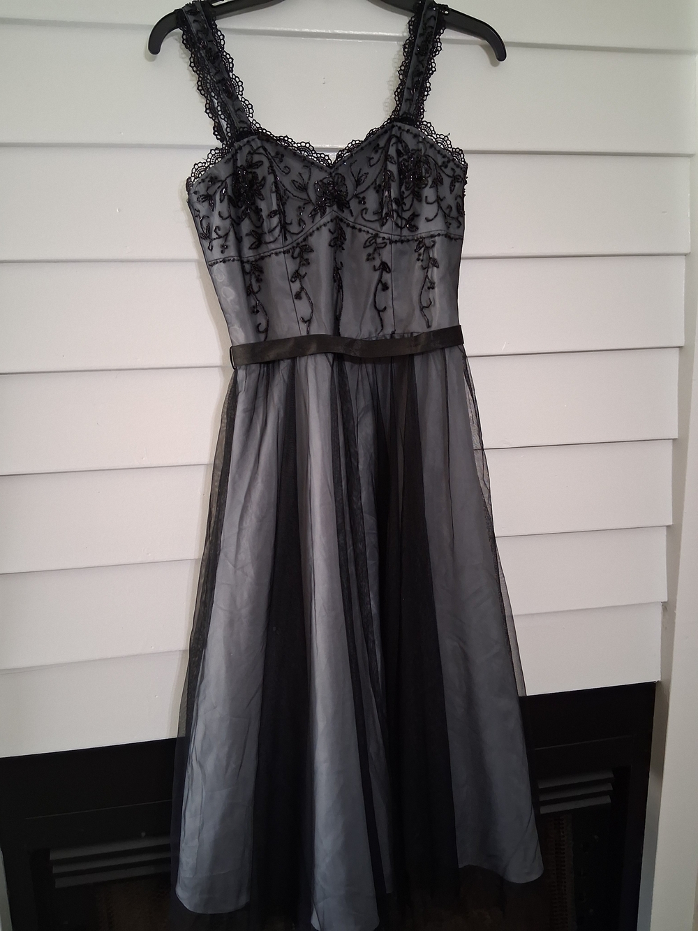Black Lace-Accented Tulle Evening Dress